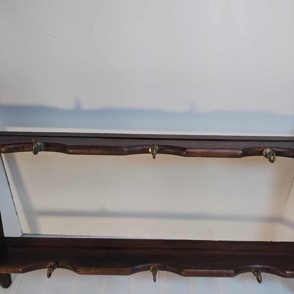 VTG Wood Wall Shelf Cup Saucer Plate 2 Tier Rack 6 Hook Farmhouse Country Retro - Picture 2 of 16